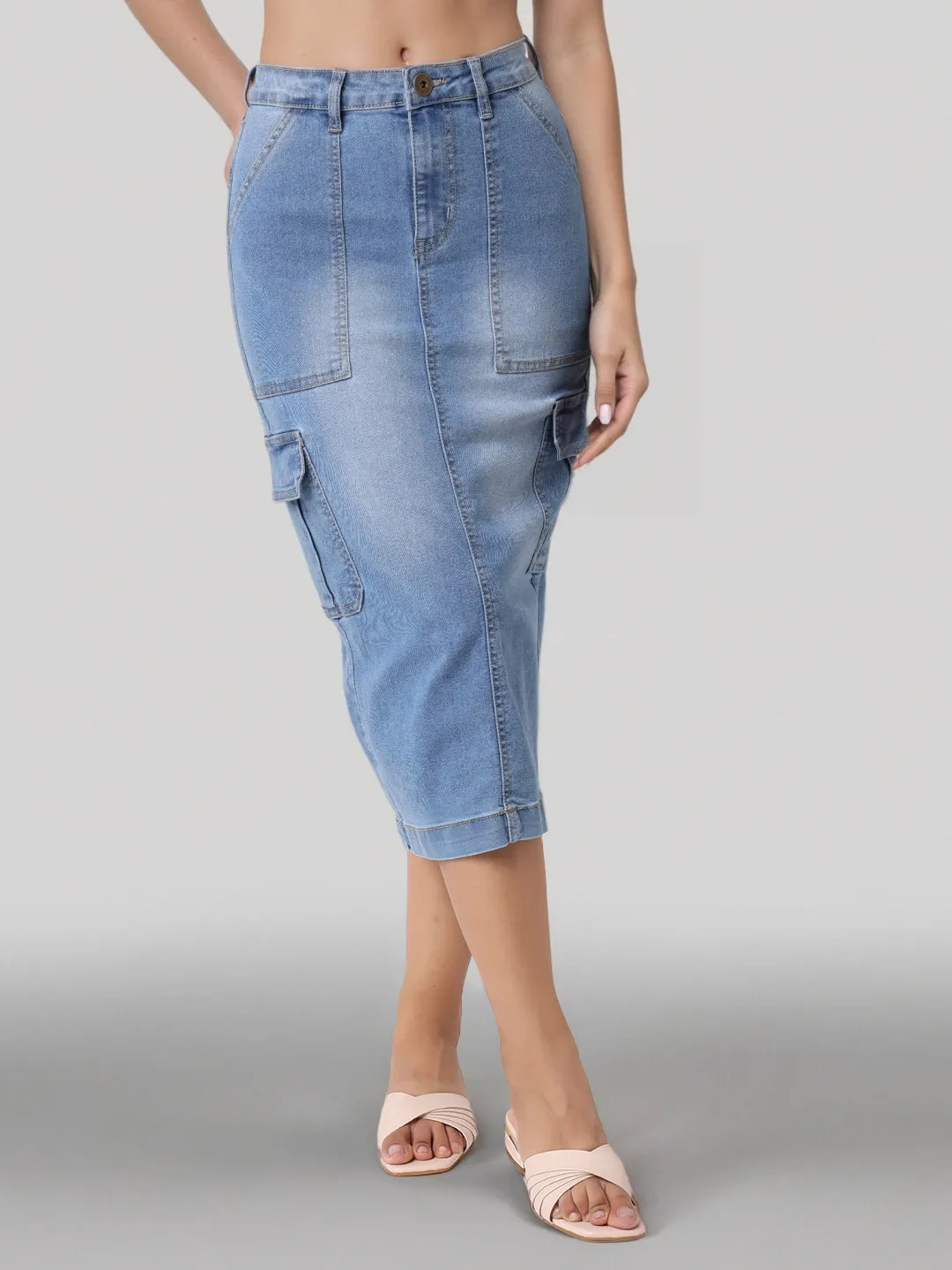Style Quotient Women Mid Blue A-Line Cargo Midi Skirt