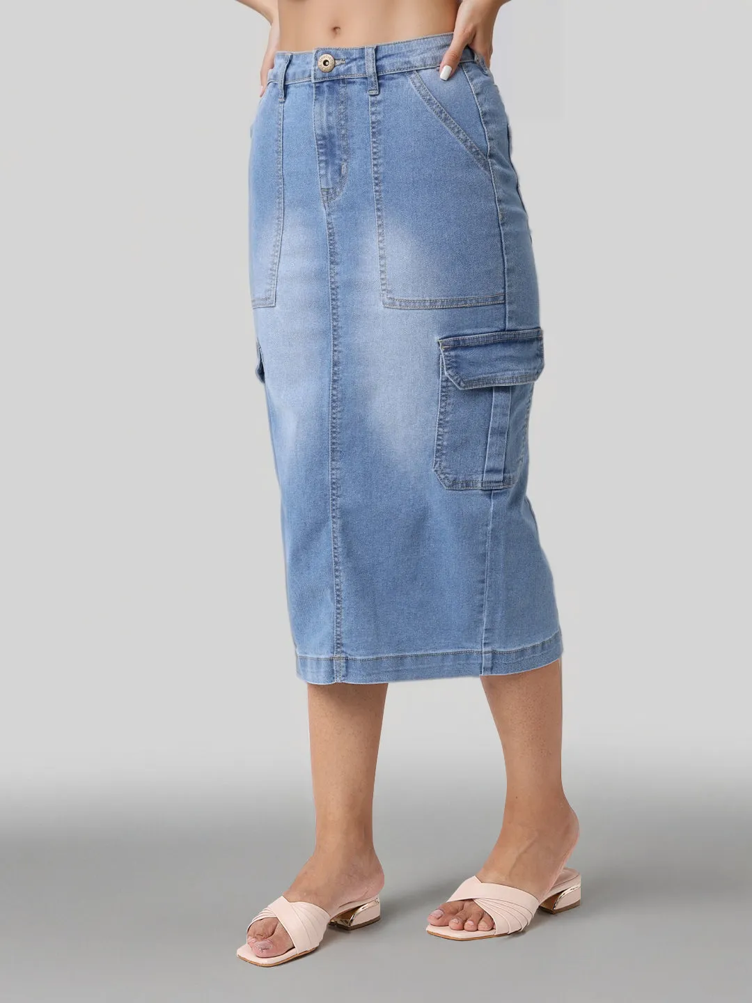 Style Quotient Women Mid Blue A-Line Cargo Midi Skirt