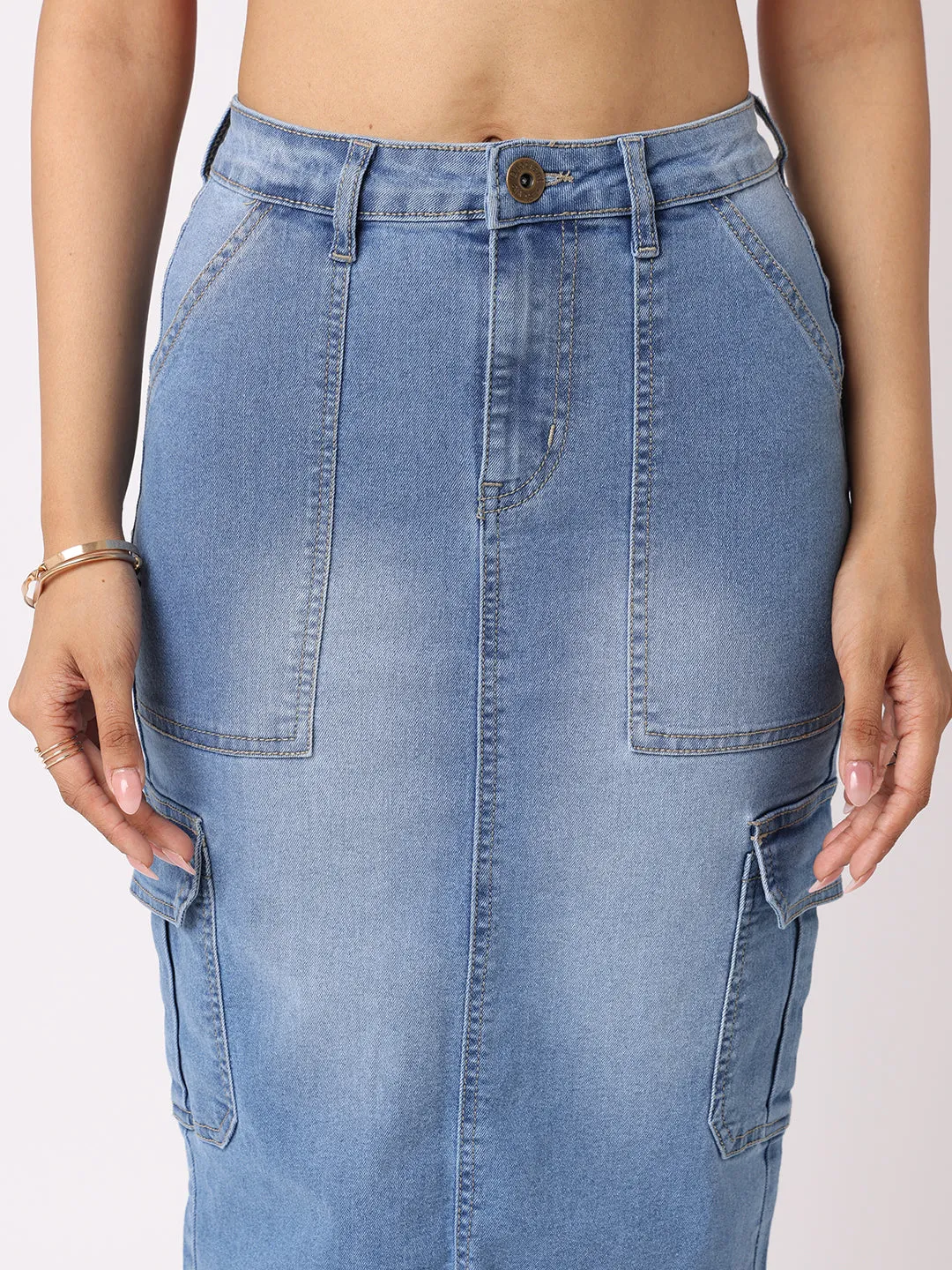 Style Quotient Women Mid Blue A-Line Cargo Midi Skirt