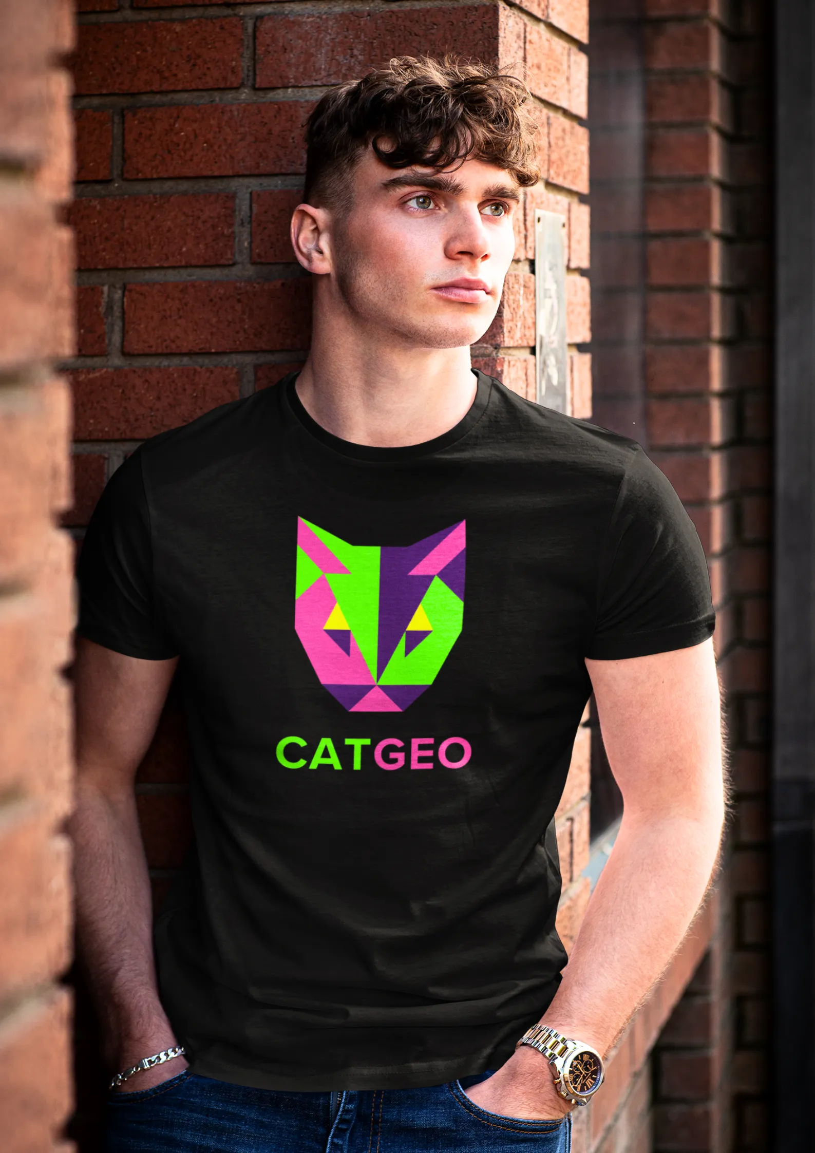 Stylish Black Cotton T-Shirt with Vibrant CatGeo Logo - Perfect for Night Events
