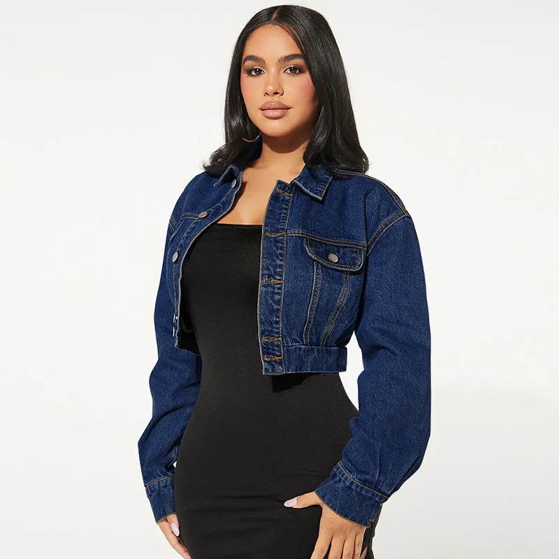 Stylish Women's Button Front Long Sleeve Short Denim Jacket for Casual, Chic Look