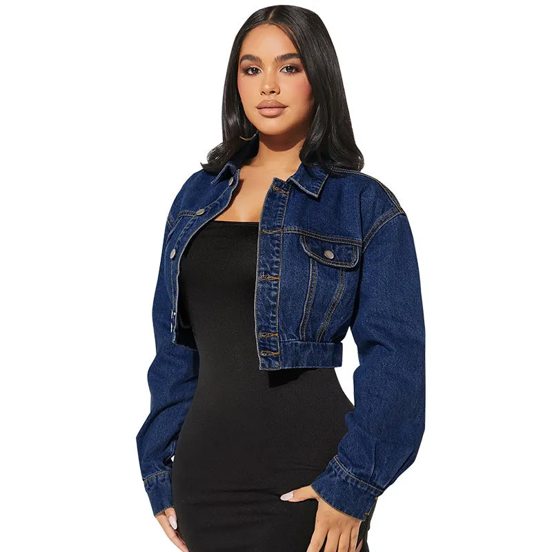 Stylish Women's Button Front Long Sleeve Short Denim Jacket for Casual, Chic Look