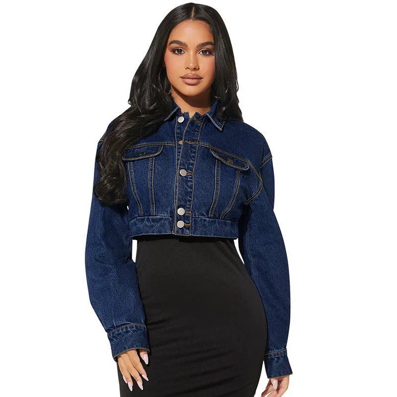 Stylish Women's Button Front Long Sleeve Short Denim Jacket for Casual, Chic Look