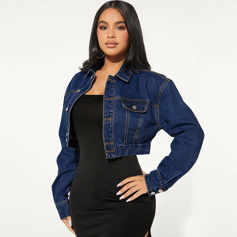 Stylish Women's Button Front Long Sleeve Short Denim Jacket for Casual, Chic Look