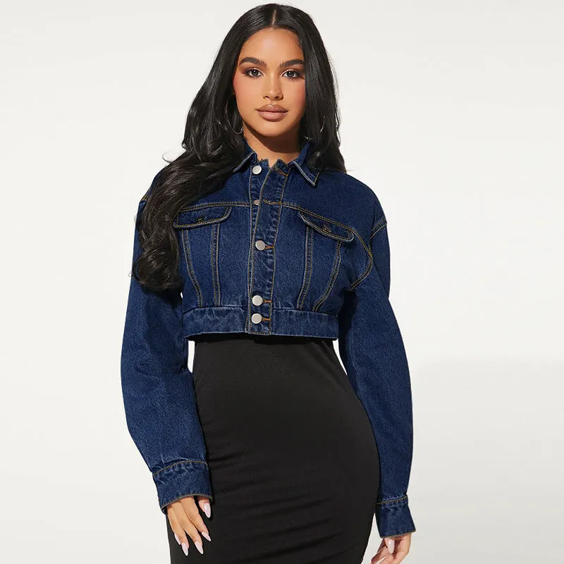 Stylish Women's Button Front Long Sleeve Short Denim Jacket for Casual, Chic Look