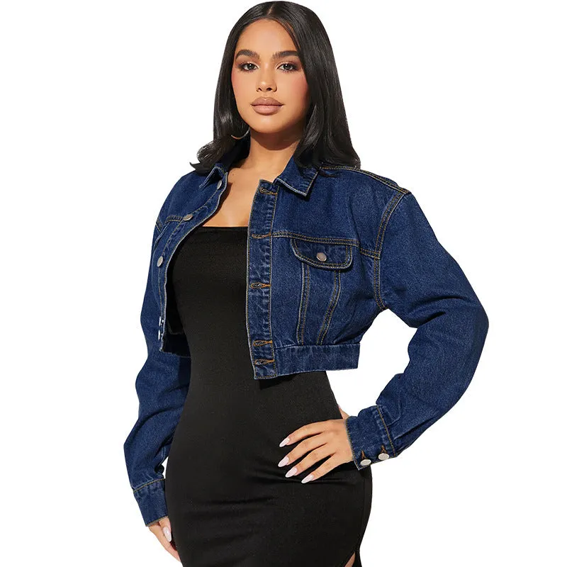 Stylish Women's Button Front Long Sleeve Short Denim Jacket for Casual, Chic Look