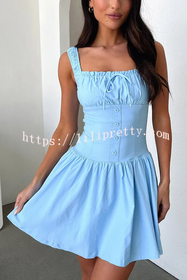 Summer Solid Color Elastic Shoulder Straps and Front Tie Mini Dress