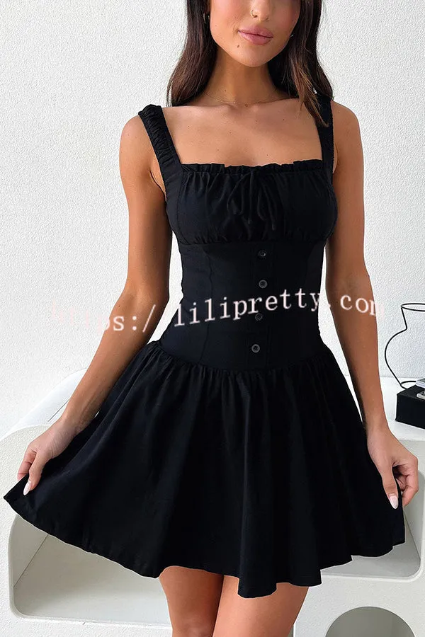Summer Solid Color Elastic Shoulder Straps and Front Tie Mini Dress