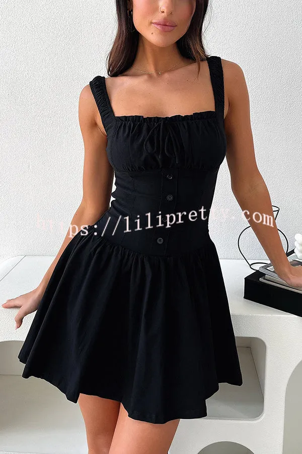 Summer Solid Color Elastic Shoulder Straps and Front Tie Mini Dress