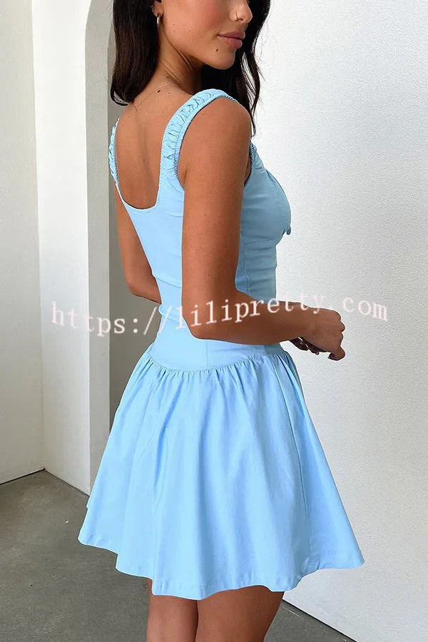 Summer Solid Color Elastic Shoulder Straps and Front Tie Mini Dress