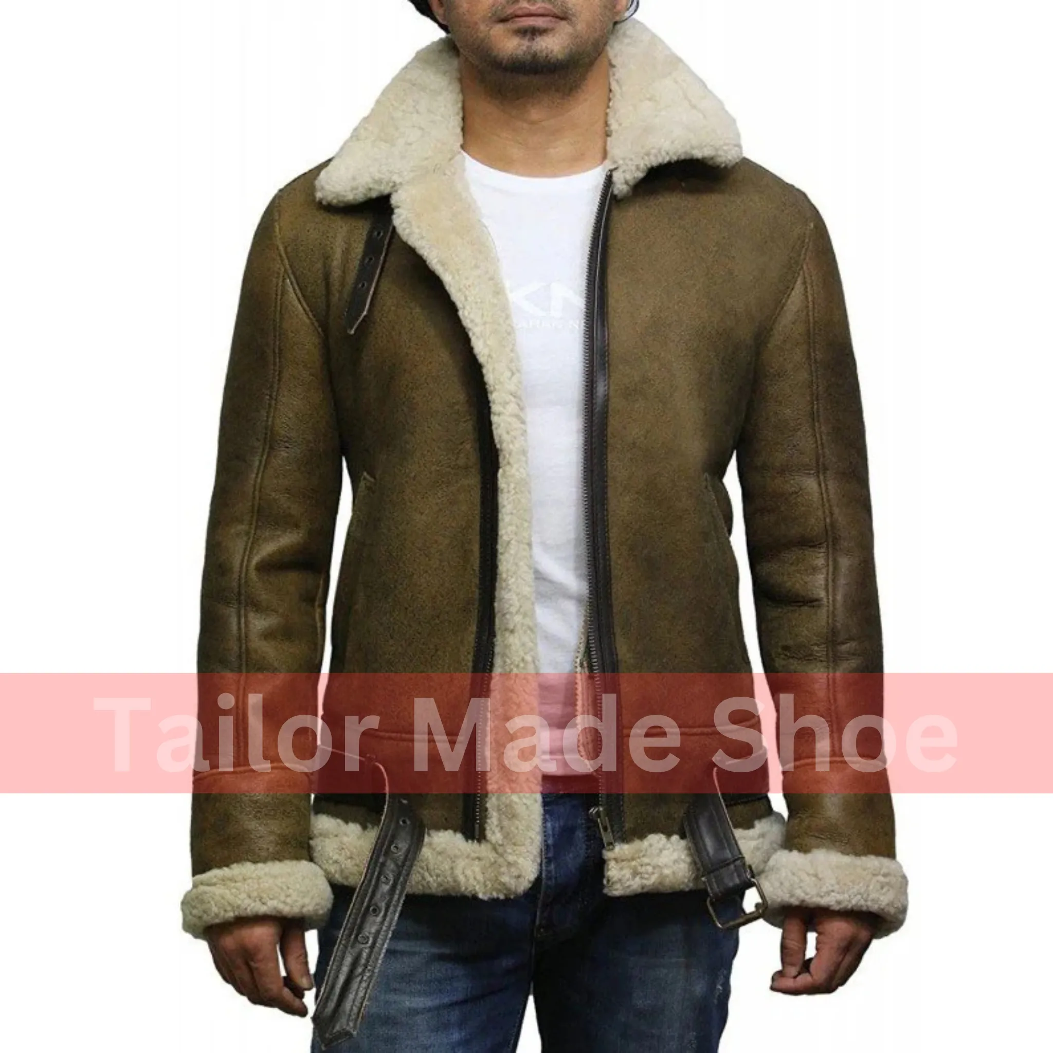 Tailor Made Men's Genuine Two Tone Sheepskin Leather Classic Belted Style Coat Jacket
