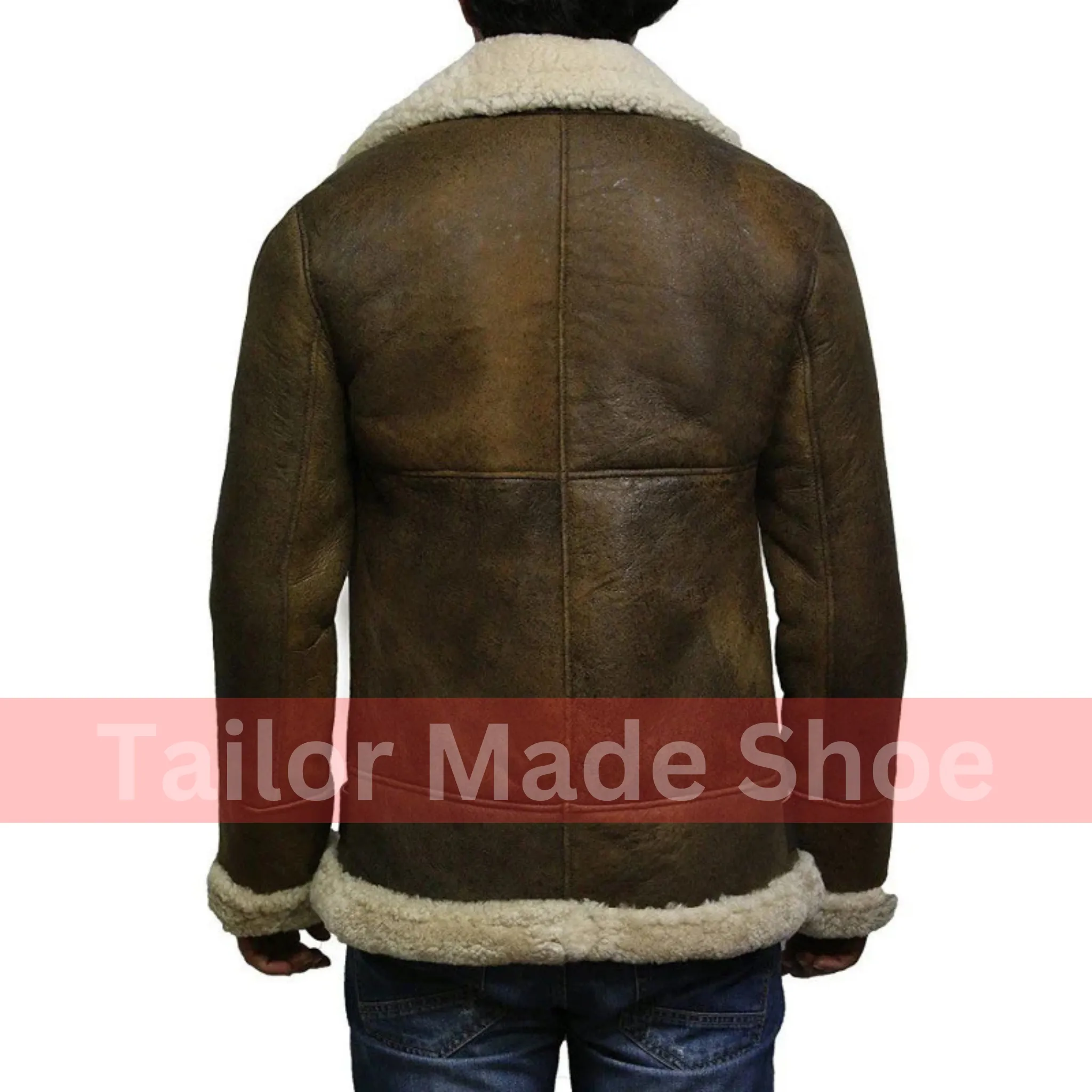 Tailor Made Men's Genuine Two Tone Sheepskin Leather Classic Belted Style Coat Jacket