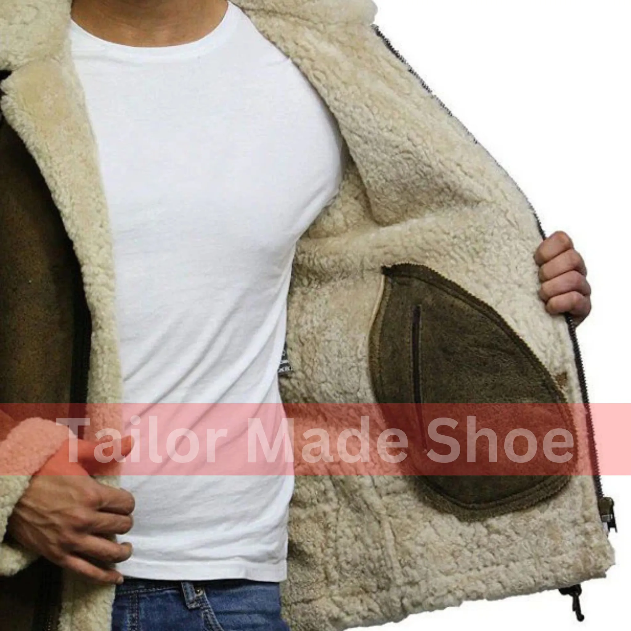 Tailor Made Men's Genuine Two Tone Sheepskin Leather Classic Belted Style Coat Jacket
