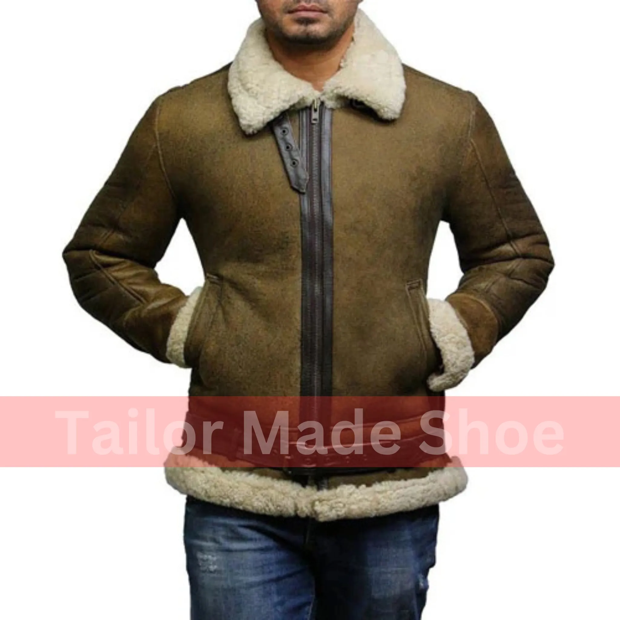 Tailor Made Men's Genuine Two Tone Sheepskin Leather Classic Belted Style Coat Jacket
