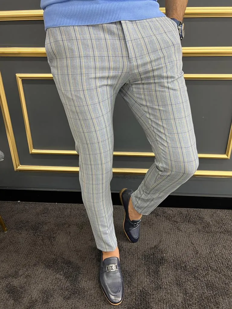 Tampa Blue Slim Fit Plaid Pants - Versatile & Elegant