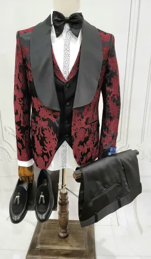 Three Pieces Tuxedo Suit with Black Satin Lapel, Contrasting black vest and black dress pants.