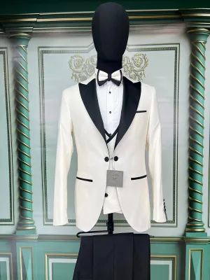 Three Pieces Tuxedo Suit with contrasting black velvet Lapel, matching bow tie and Black Pants.