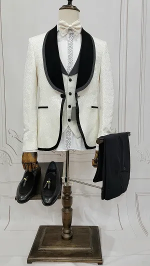 Three Pieces Tuxedo Suit with contrasting black velvet Lapel, matching bow tie and Black Pants.