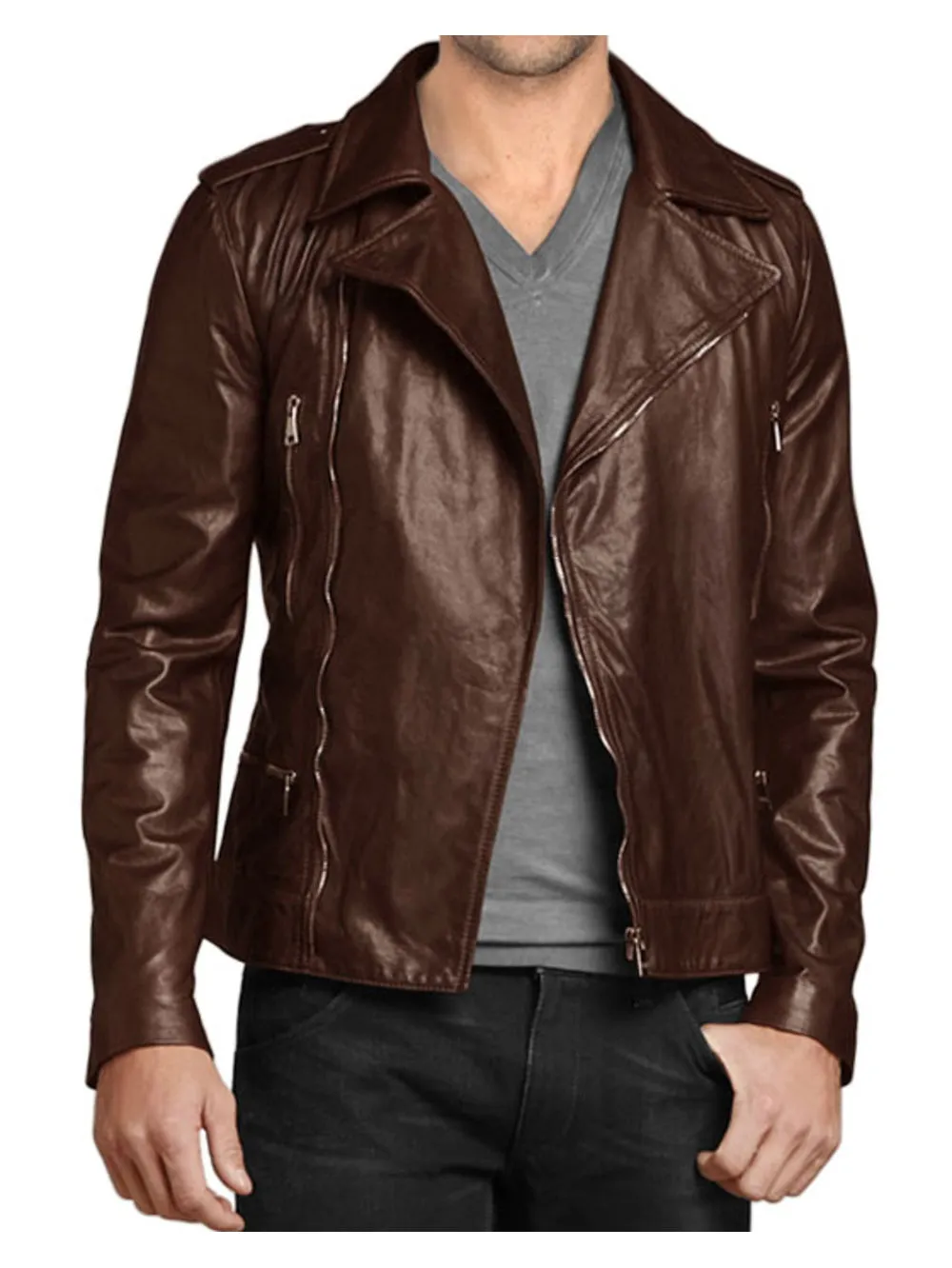 Tilted Pocket Leather Biker Jacket