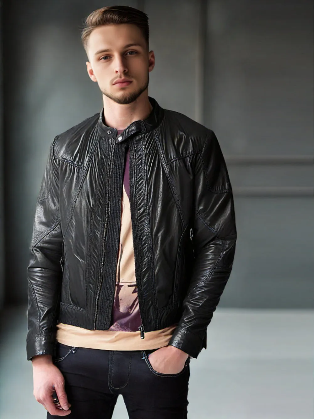 Twin Zipper Stitch Panel Leather Jacket