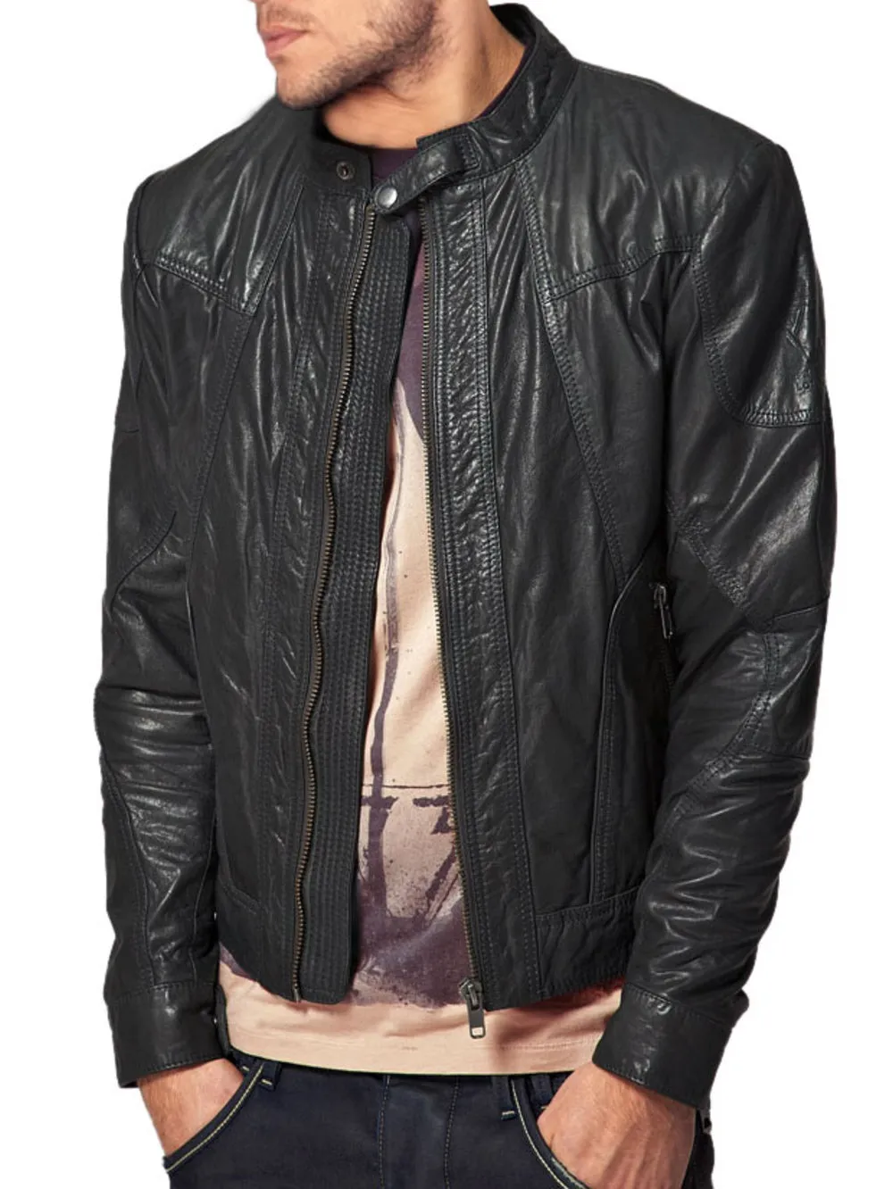 Twin Zipper Stitch Panel Leather Jacket
