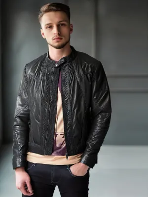 Twin Zipper Stitch Panel Leather Jacket