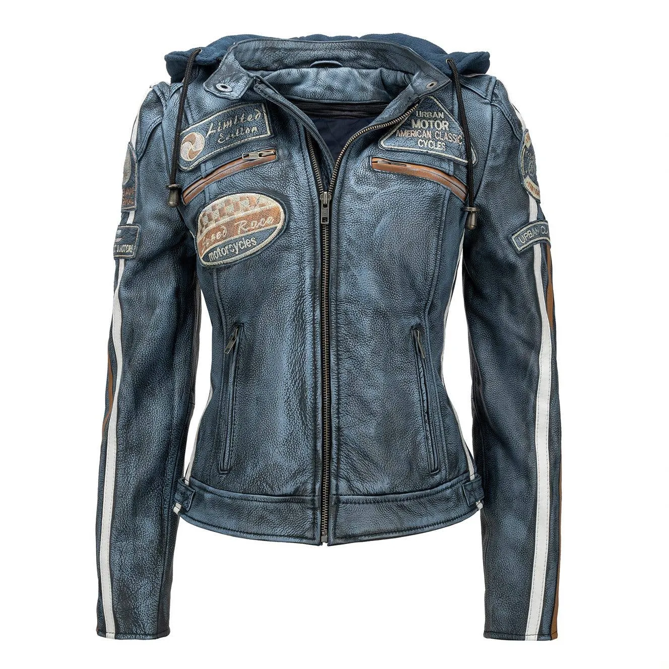 Urban 5884 58 Ladies Cowhide Motorcycle Jacket with Detachable Fleece Hood and CE-Certified Protection Pieces