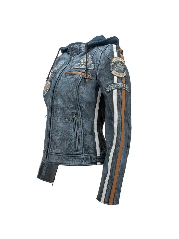 Urban 5884 58 Ladies Cowhide Motorcycle Jacket with Detachable Fleece Hood and CE-Certified Protection Pieces