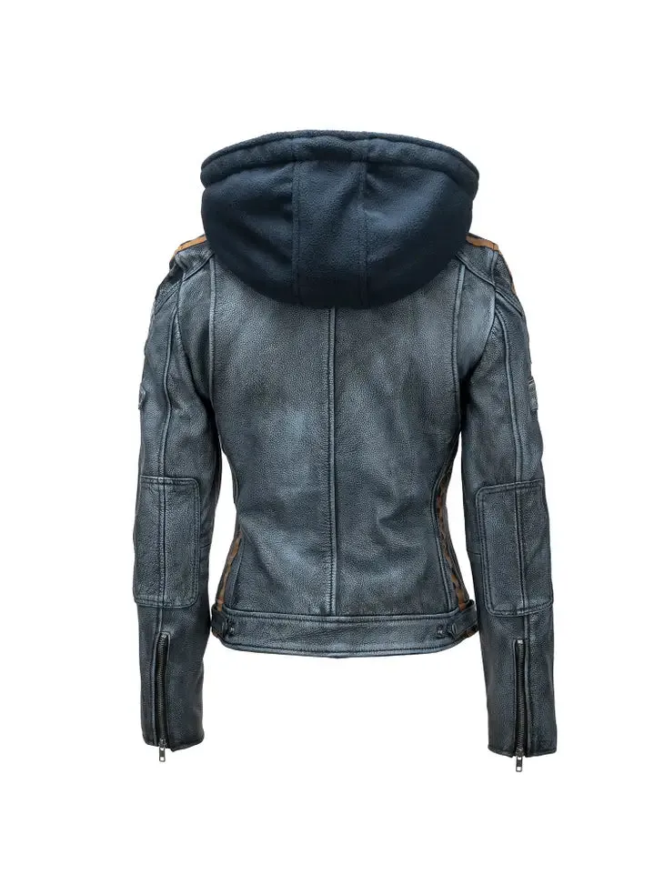 Urban 5884 58 Ladies Cowhide Motorcycle Jacket with Detachable Fleece Hood and CE-Certified Protection Pieces