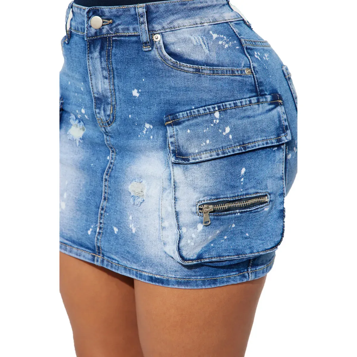 Urban Vibes Distressed Cargo Denim Mini Skirt