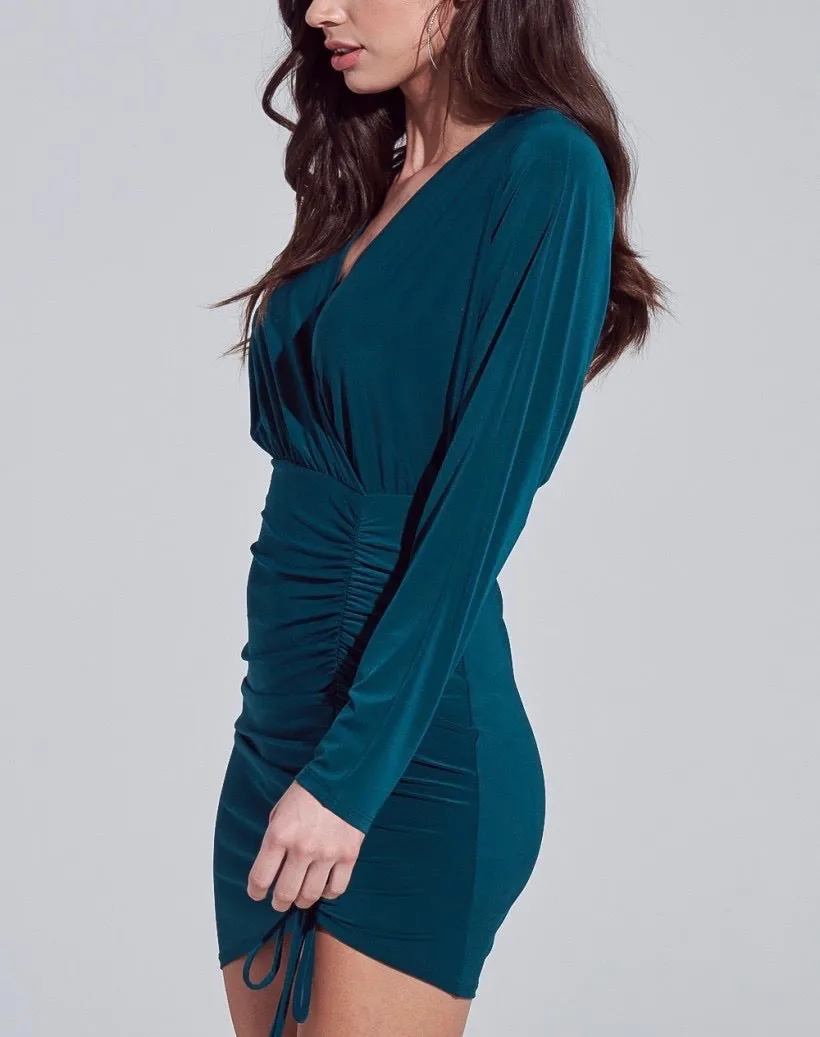 V Neck Ruched Front Side Tie Batwing Long Sleeve Mini Dress