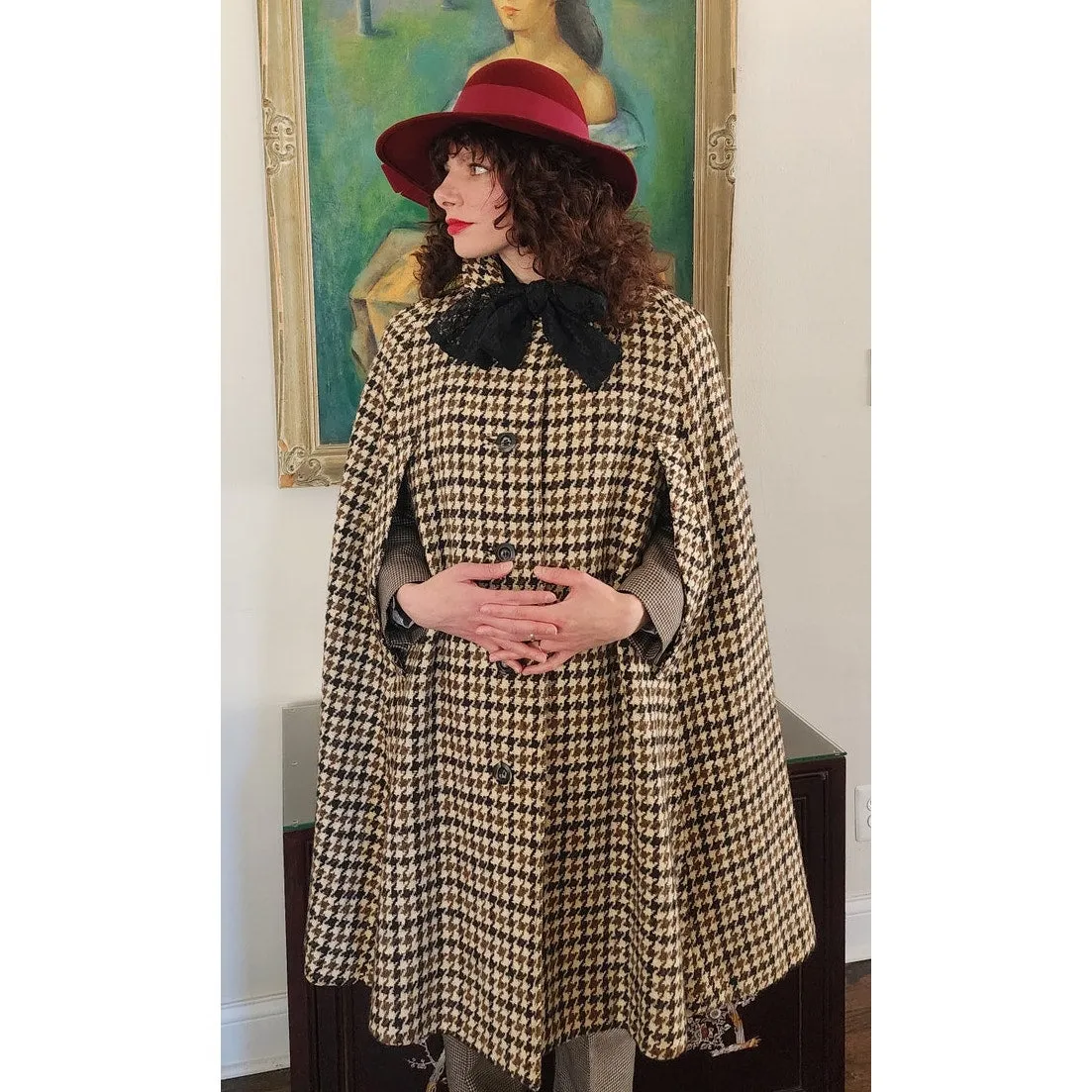Vintage 60s Burberrys Cloak Cape Houndstooth Wool