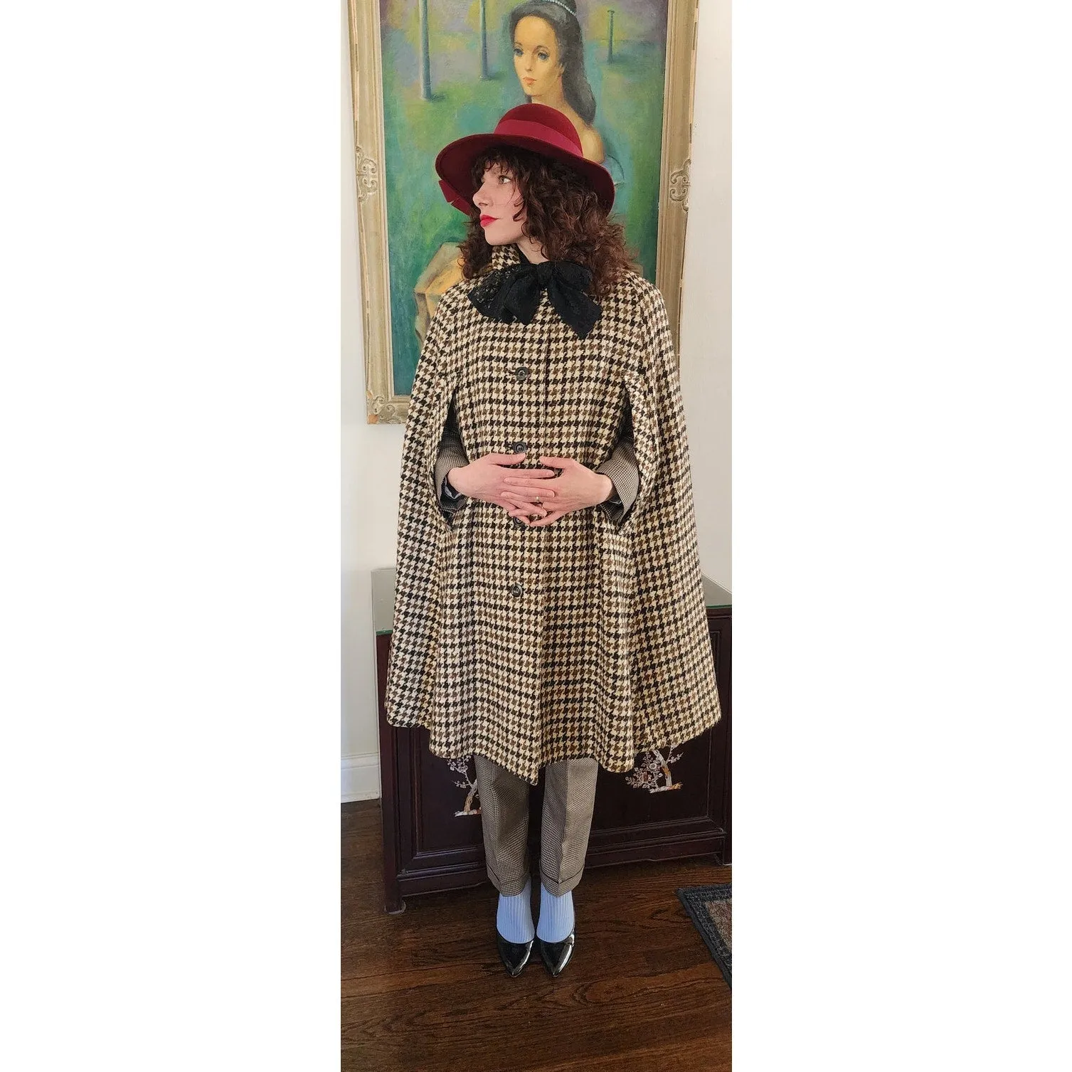 Vintage 60s Burberrys Cloak Cape Houndstooth Wool