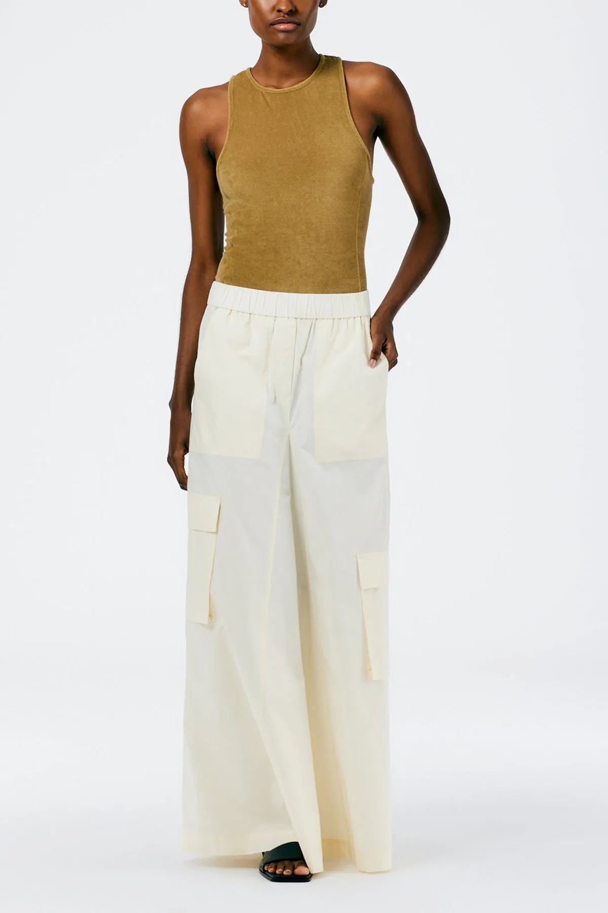 Vintage Cotton Pull On Cargo Godet Skirt in Cream