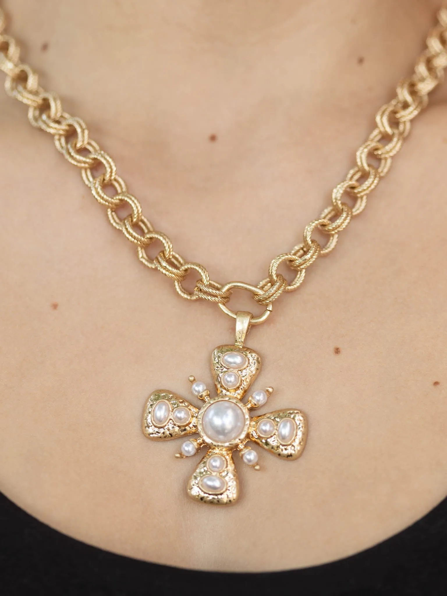 Vintage Gold Pearl Cross Necklace