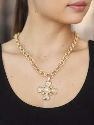 Vintage Gold Pearl Cross Necklace