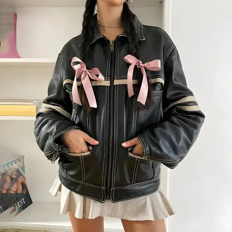 Vintage Grunge Faux Leather Jacket with Striped Design and Pockets