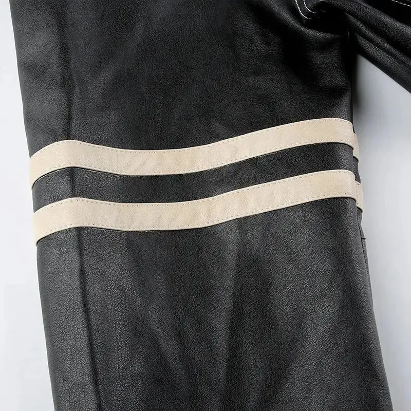 Vintage Grunge Faux Leather Jacket with Striped Design and Pockets