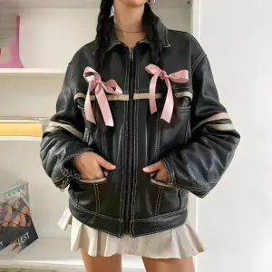 Vintage Grunge Faux Leather Jacket with Striped Design and Pockets