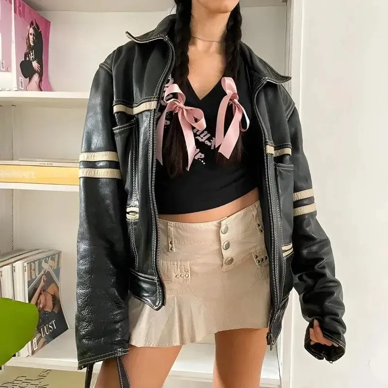 Vintage Grunge Faux Leather Jacket with Striped Design and Pockets