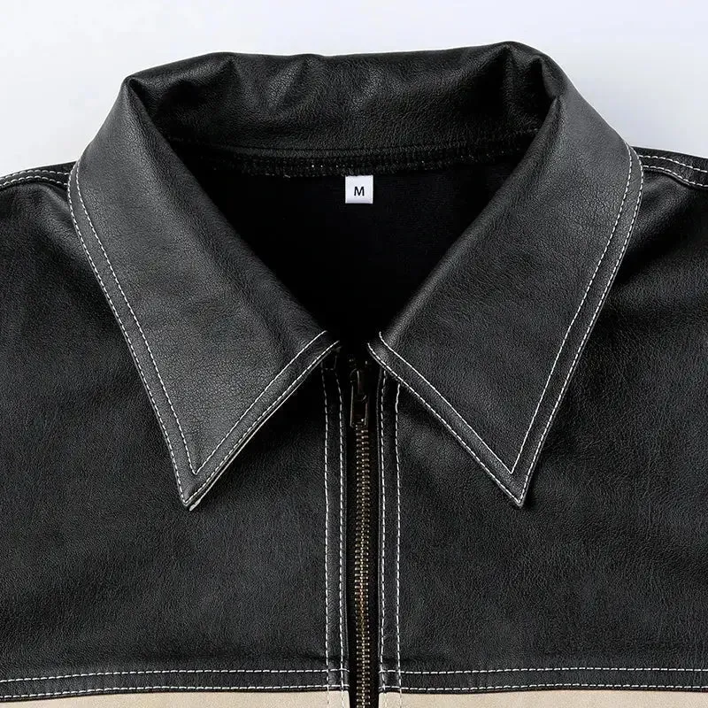 Vintage Grunge Faux Leather Jacket with Striped Design and Pockets