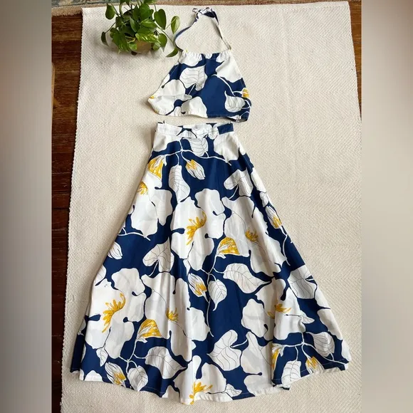 Vintage Handmade Floral Crop Halter Top with Warp Maxi Skirt