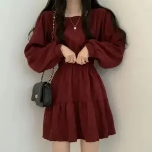 Vintage Square Collar Long Sleeve Mini Dresses
