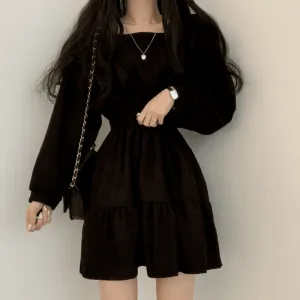 Vintage Square Collar Long Sleeve Mini Dresses