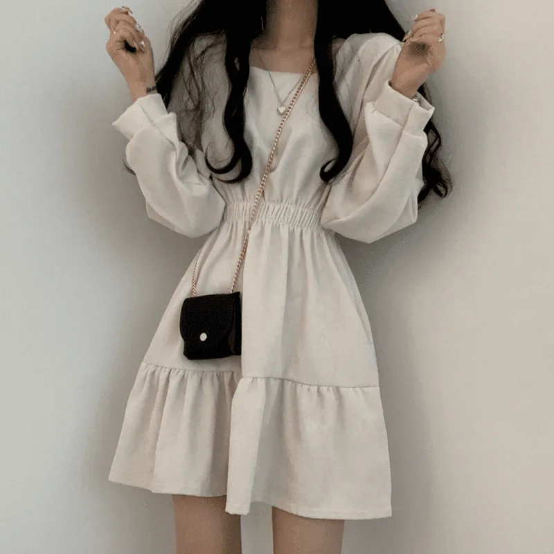 Vintage Square Collar Long Sleeve Mini Dresses