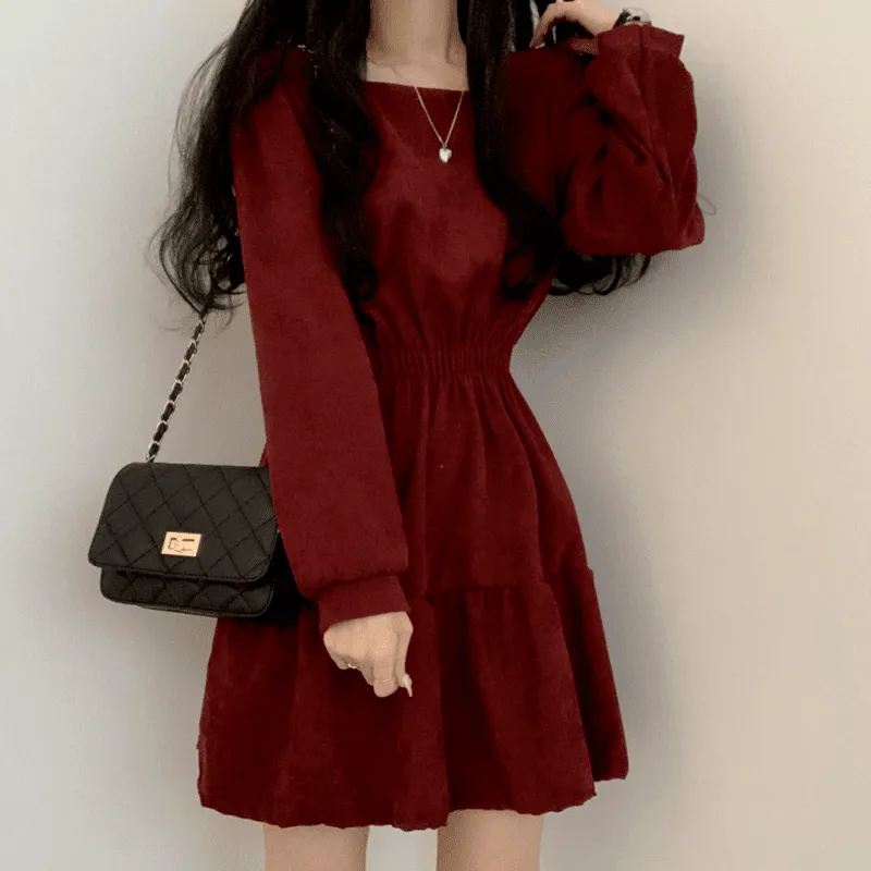Vintage Square Collar Long Sleeve Mini Dresses