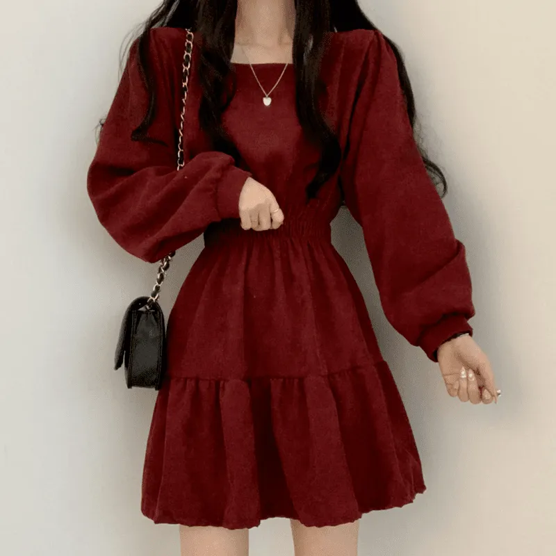 Vintage Square Collar Long Sleeve Mini Dresses