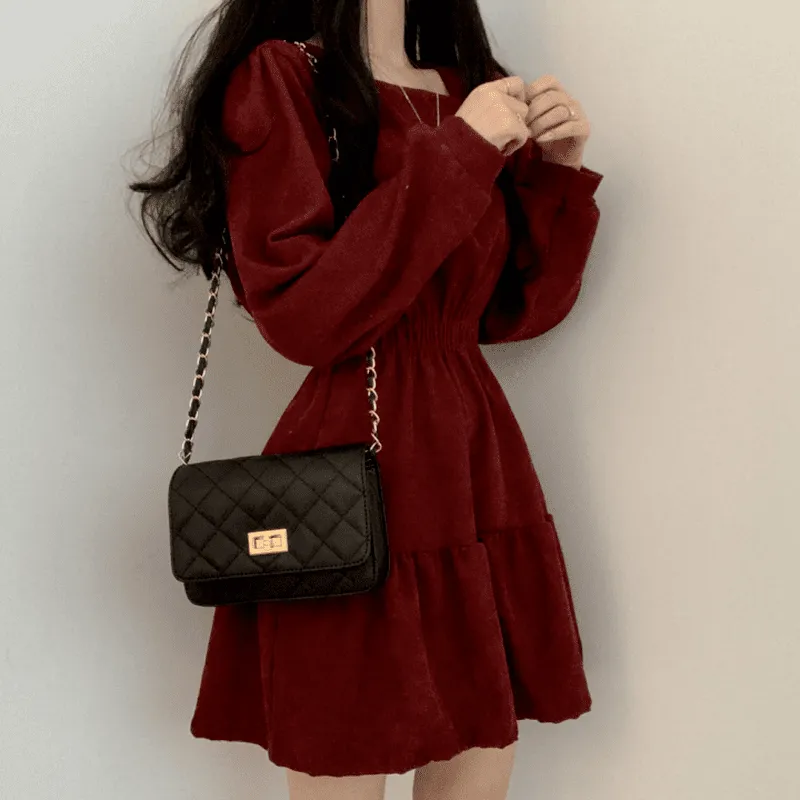 Vintage Square Collar Long Sleeve Mini Dresses