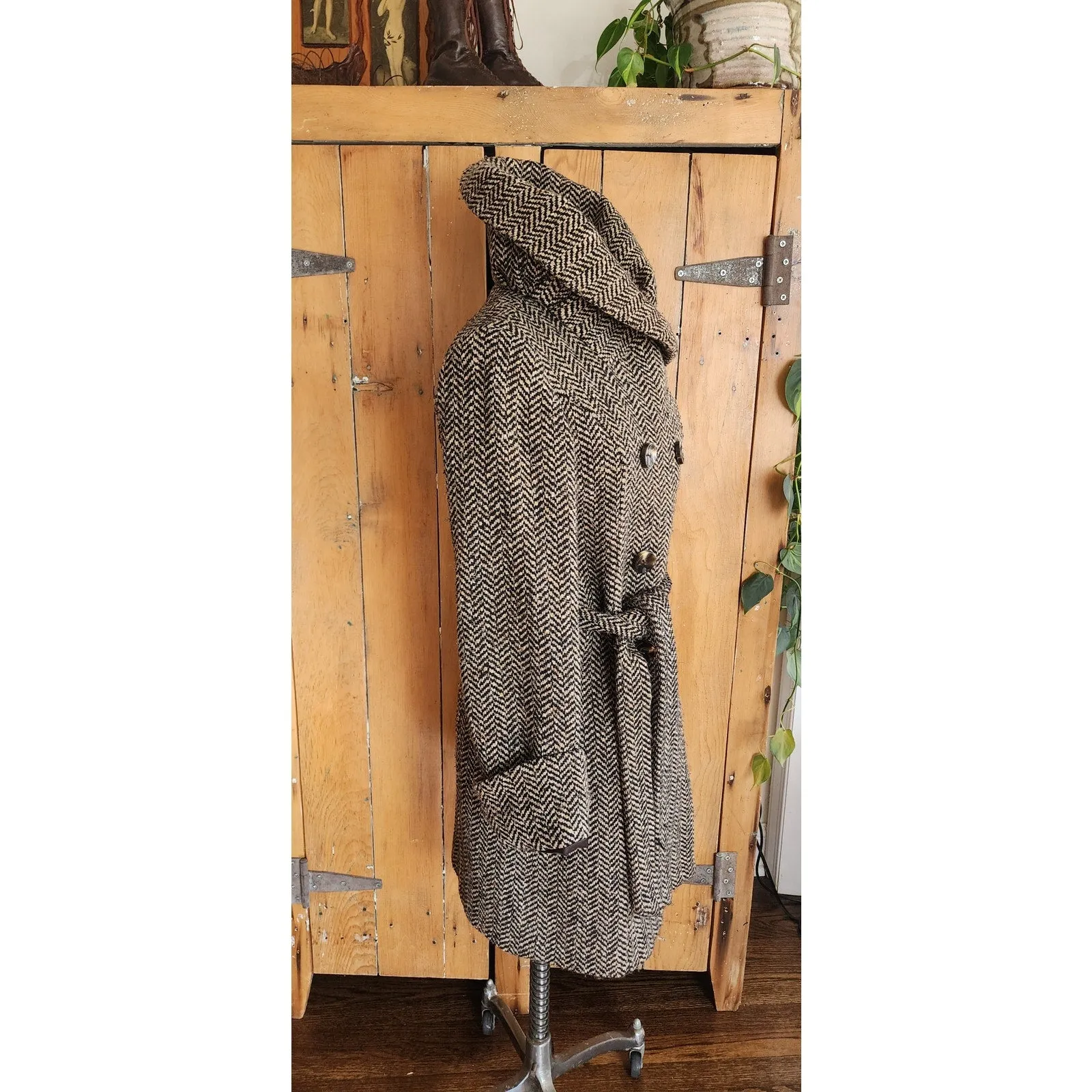 Vintage Y2K Houndstooth Coat Gray Herringbone Wool Large Collar Ellen Tracy / M