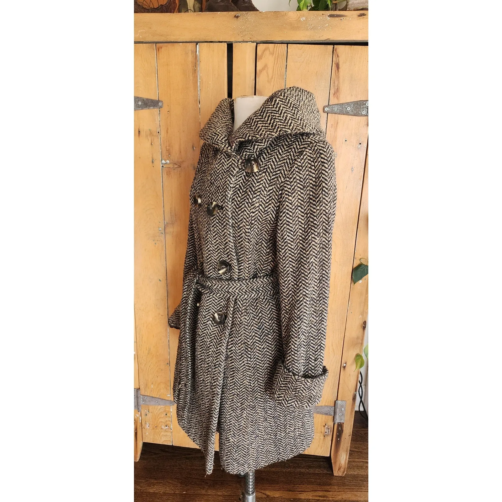 Vintage Y2K Houndstooth Coat Gray Herringbone Wool Large Collar Ellen Tracy / M
